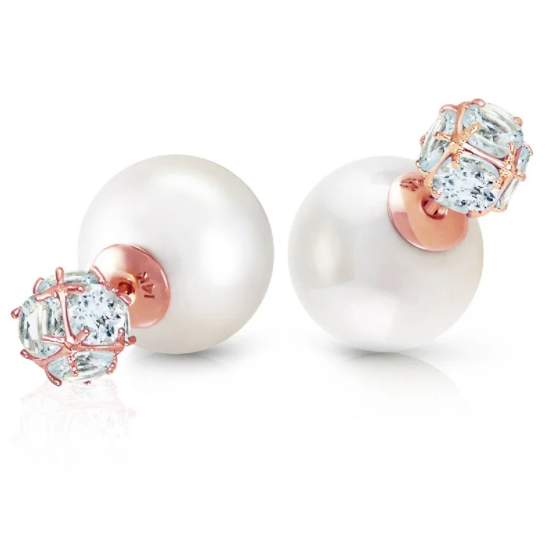 14K Solid Rose Gold Tribal Double Shell Pearls And Aquamarines Stud Earrings