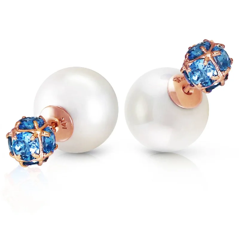 14K Solid Rose Gold Tribal Double Shell Pearls And Blue Topaz Stud Earrings