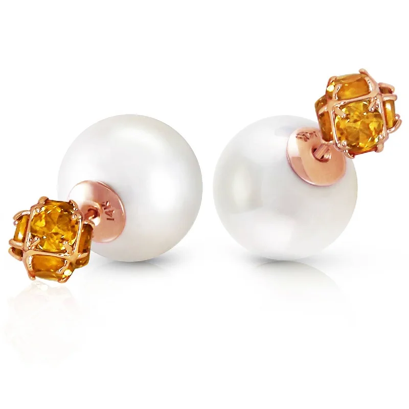 14K Solid Rose Gold Tribal Double Shell Pearls And Citrines Stud Earrings