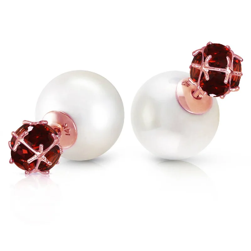 14K Solid Rose Gold Tribal Double Shell Pearls And Garnets Stud Earrings