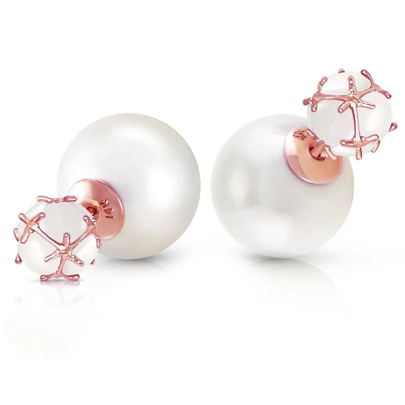 14K Solid Rose Gold Tribal Double Shell Pearls And Opals Stud Earrings