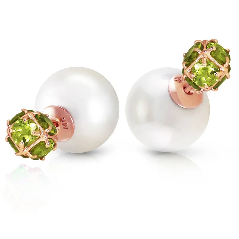 14K Solid Rose Gold Tribal Double Shell Pearls And Peridots Stud Earrings