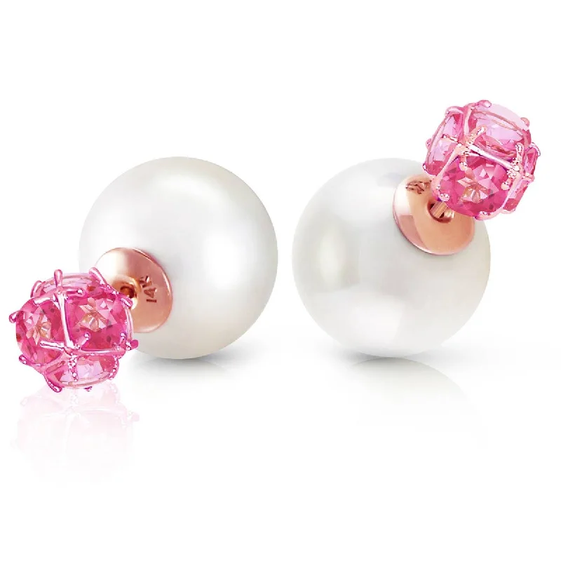 14K Solid Rose Gold Tribal Double Shell Pearls And Pink Topaz Stud Earrings