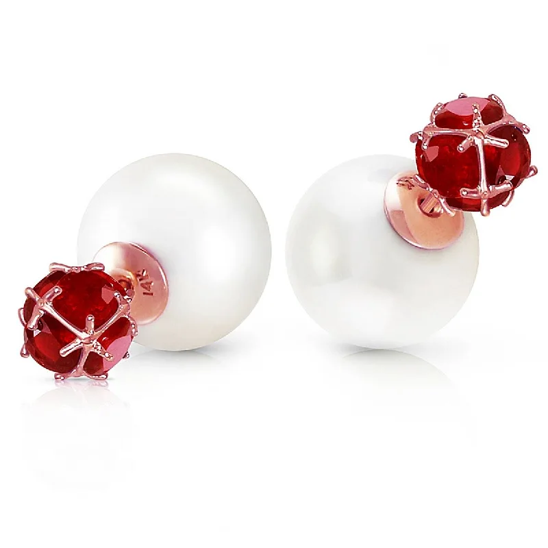 14K Solid Rose Gold Tribal Double Shell Pearls And Rubies Stud Earrings