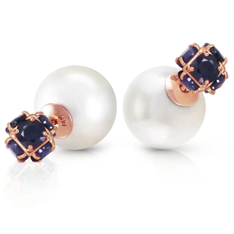 14K Solid Rose Gold Tribal Double Shell Pearls And Sapphires Stud Earrings