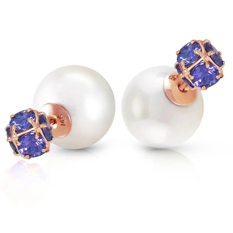 14K Solid Rose Gold Tribal Double Shell Pearls And Tanzanites Stud Earrings