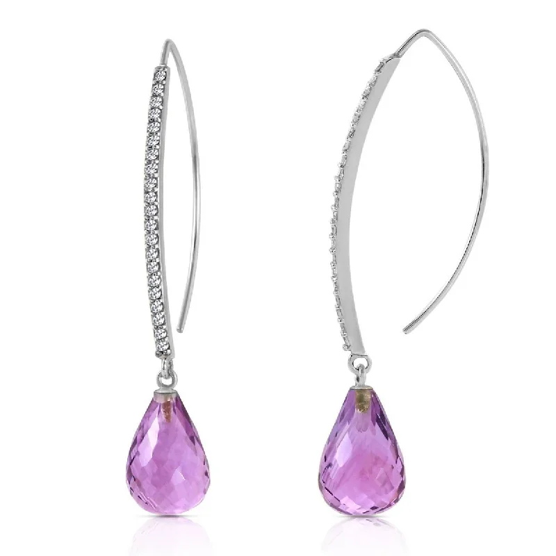 14K Solid White Gold Diamonds Fish Hook Earrings w/ Dangling Briolette Amethysts