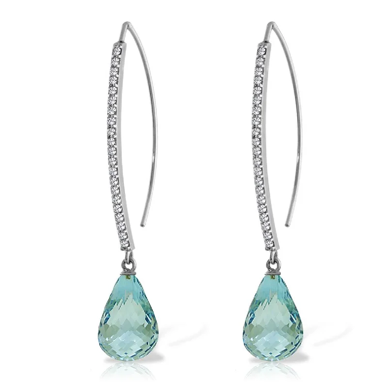 14K Solid White Gold Diamonds Fish Hook Earrings w/ Dangling Briolette Blue Topaz