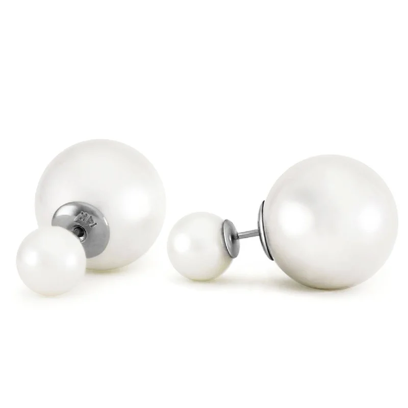 14K Solid White Gold Fashion Style Tribal Double White Shell Pearls Stud Earrings