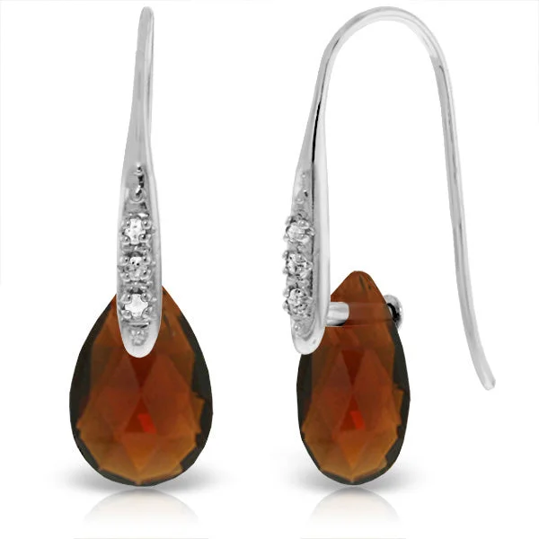 14K Solid White Gold Fish Hook Earrings w/ Diamonds & Dangling Briolette Garnets