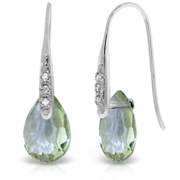 14K Solid White Gold Fish Hook Earrings w/ Diamonds & Dangling Briolette Green Amethyst