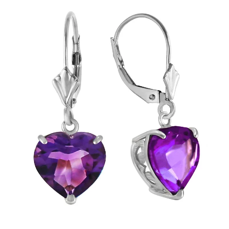 14K Solid White Gold Leverback Earrings Natural 10mm Heart Amethysts