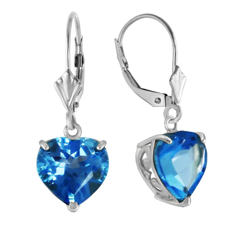 14K Solid White Gold Leverback Earrings Natural 10mm Heart Blue Topaz