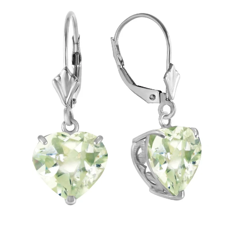 14K Solid White Gold Leverback Earrings Natural 10mm Heart Green Amethysts