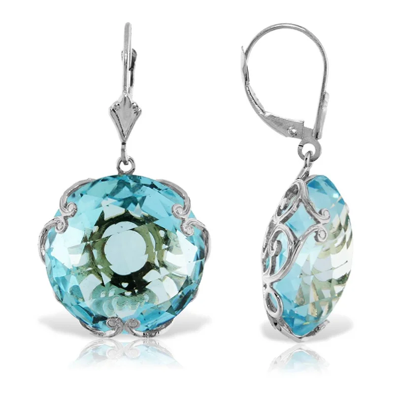 14K Solid White Gold Leverback Earrings Round Blue Topaz