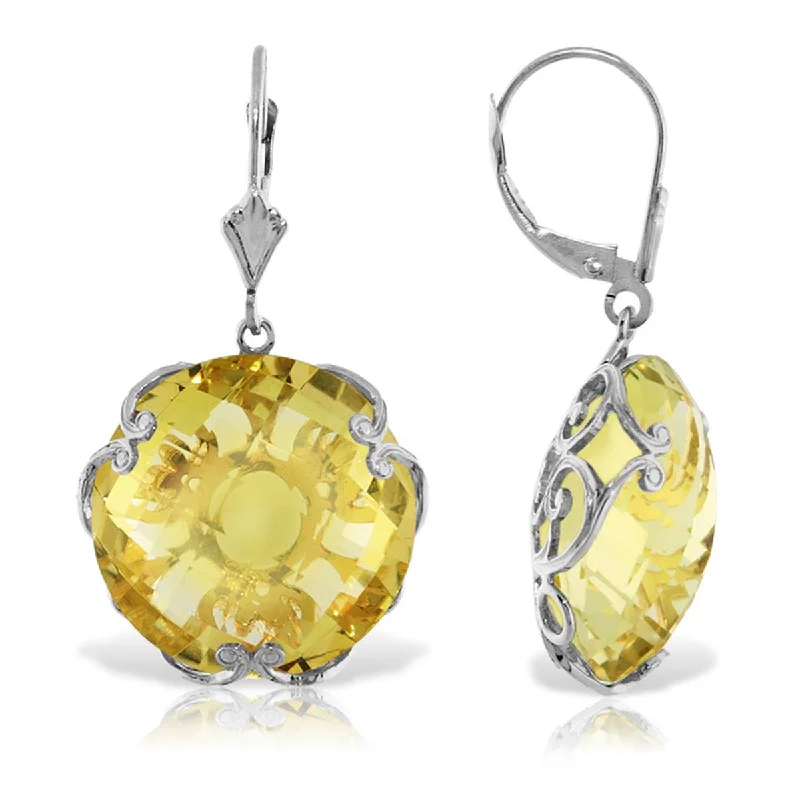 14K Solid White Gold Leverback Earrings Round Lemon Quartz