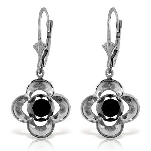 14K Solid White Gold Leverback Earrings w/ 1.0 Carat Black Diamond