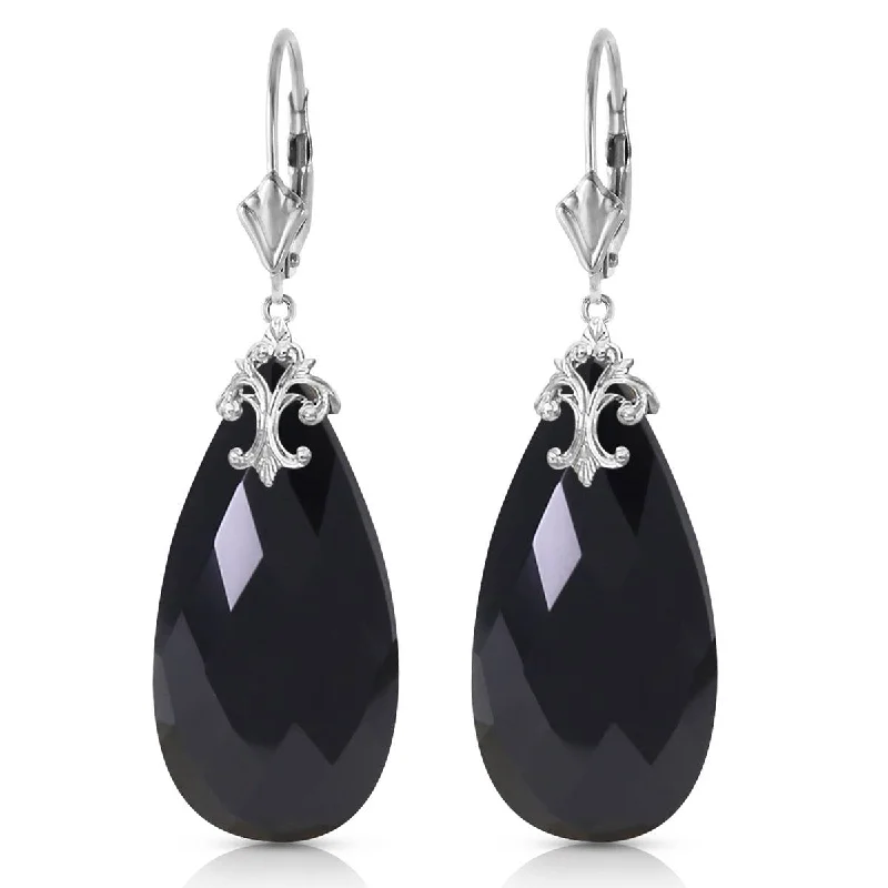 14K Solid White Gold Leverback Earrings w/ Briolette 31x16 mm Black Onyx