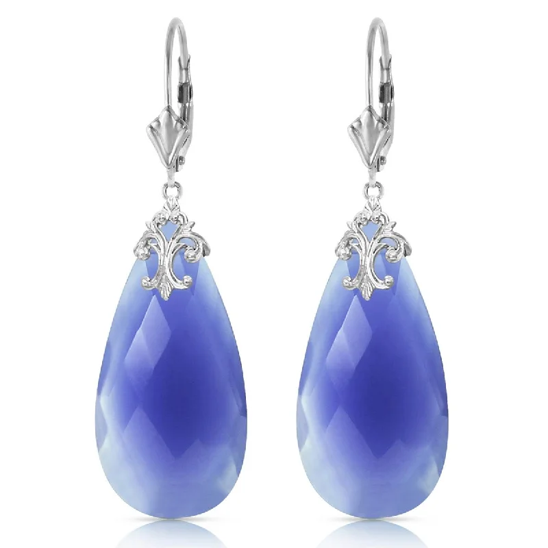 14K Solid White Gold Leverback Earrings w/ Briolette 31x16 mm Deep Blue Chalcedony