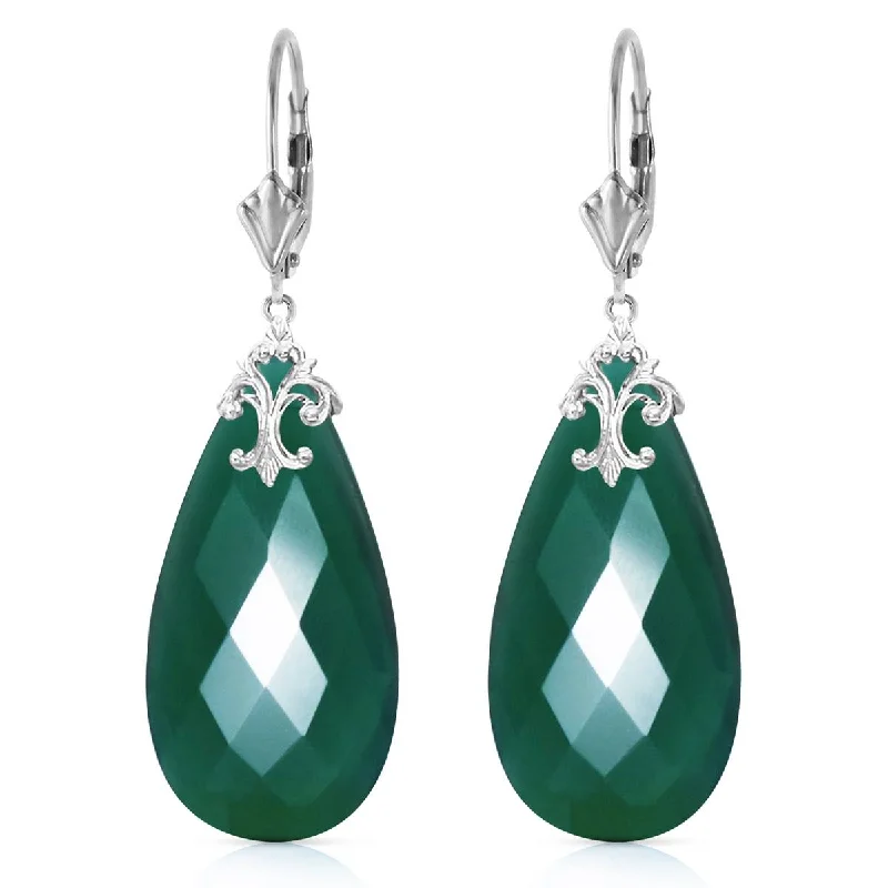 14K Solid White Gold Leverback Earrings w/ Briolette 31x16 mm Deep Green Chalcedony