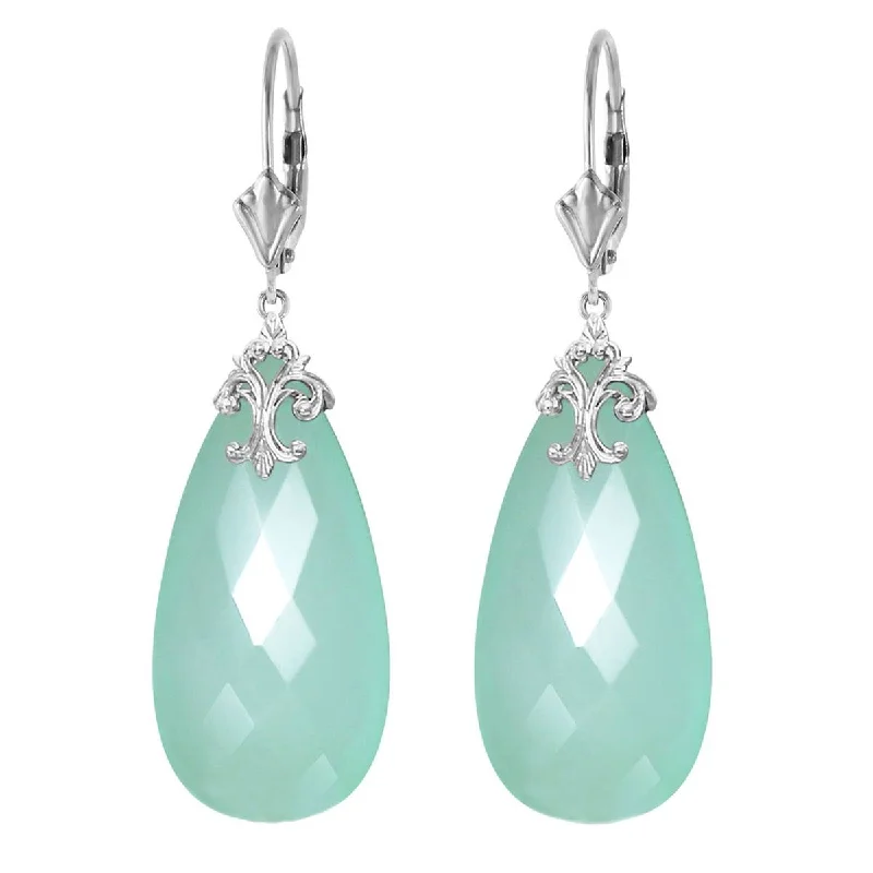 14K Solid White Gold Leverback Earrings w/ Briolette 31x16 mm Mint Green Chalcedony