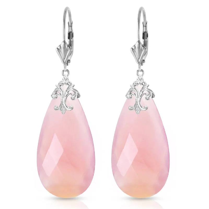 14K Solid White Gold Leverback Earrings w/ Briolette 31x16 mm Pink Chalcedony