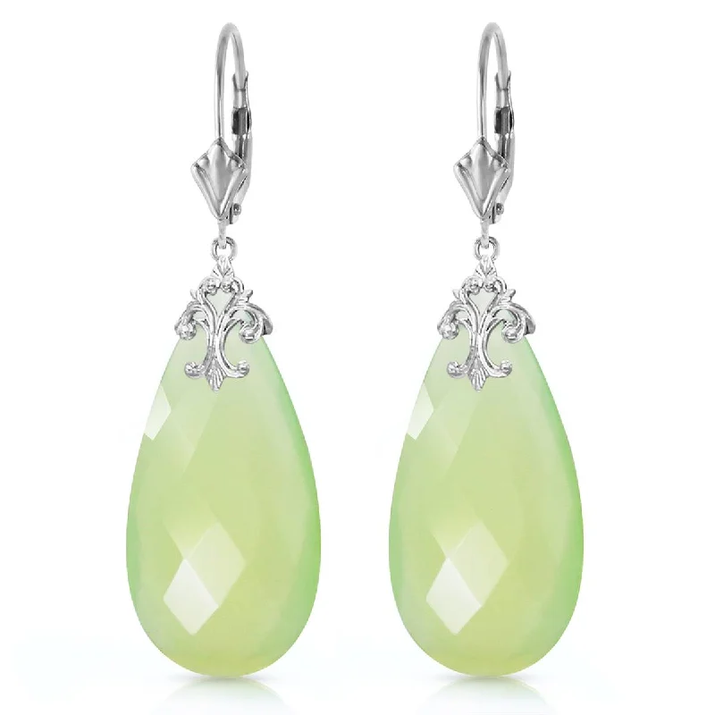 14K Solid White Gold Leverback Earrings w/ Briolette 31x16 mm Prehnite Color Chalcedony