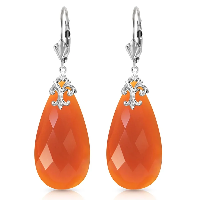 14K Solid White Gold Leverback Earrings w/ Briolette 31x16 mm Reddish Orange Chalcedony