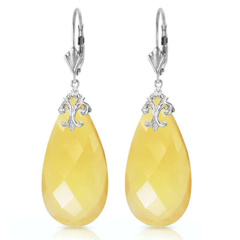 14K Solid White Gold Leverback Earrings w/ Briolette 31x16 mm Yellow Onyx