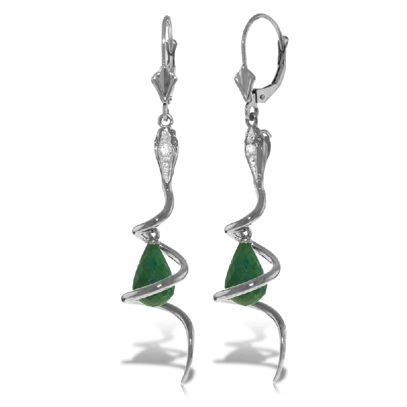 14K Solid White Gold Snake Earrings w/ Briolette Green Dyed Sapphire & Diamonds