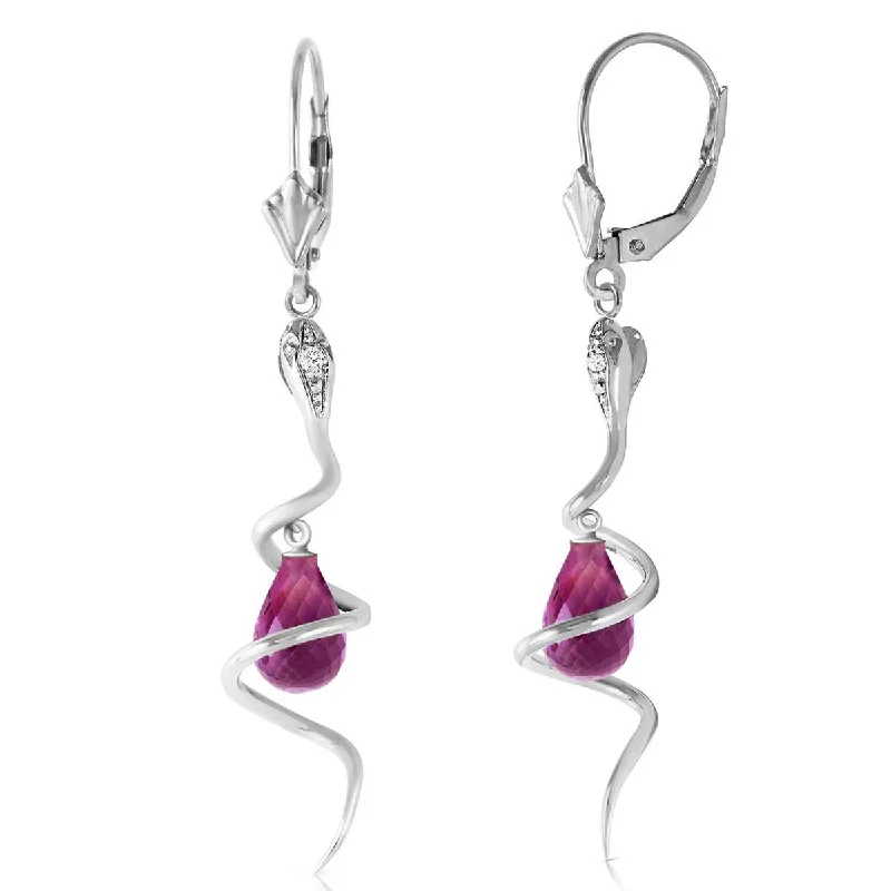 14K Solid White Gold Snake Earrings w/ Dangling Briolette Amethysts & Diamonds