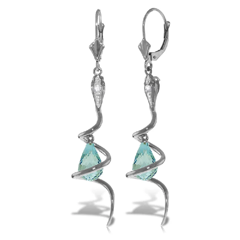 14K Solid White Gold Snake Earrings w/ Dangling Briolette Blue Topaz & Diamonds