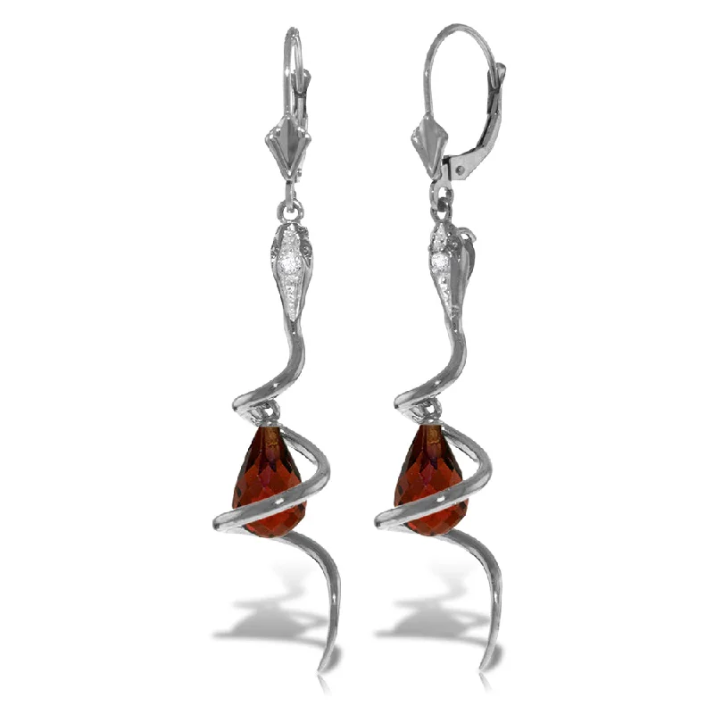 14K Solid White Gold Snake Earrings w/ Dangling Briolette Garnets & Diamonds