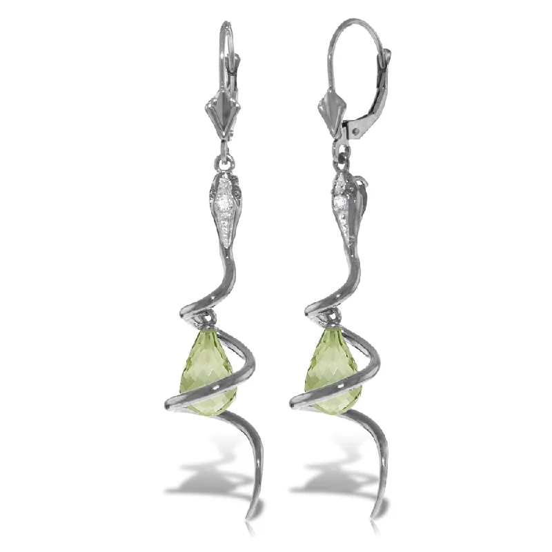 14K Solid White Gold Snake Earrings w/ Dangling Briolette Green Amethysts & Diamond