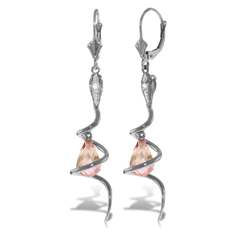 14K Solid White Gold Snake Earrings w/ Dangling Briolette Pink Topaz & Diamonds