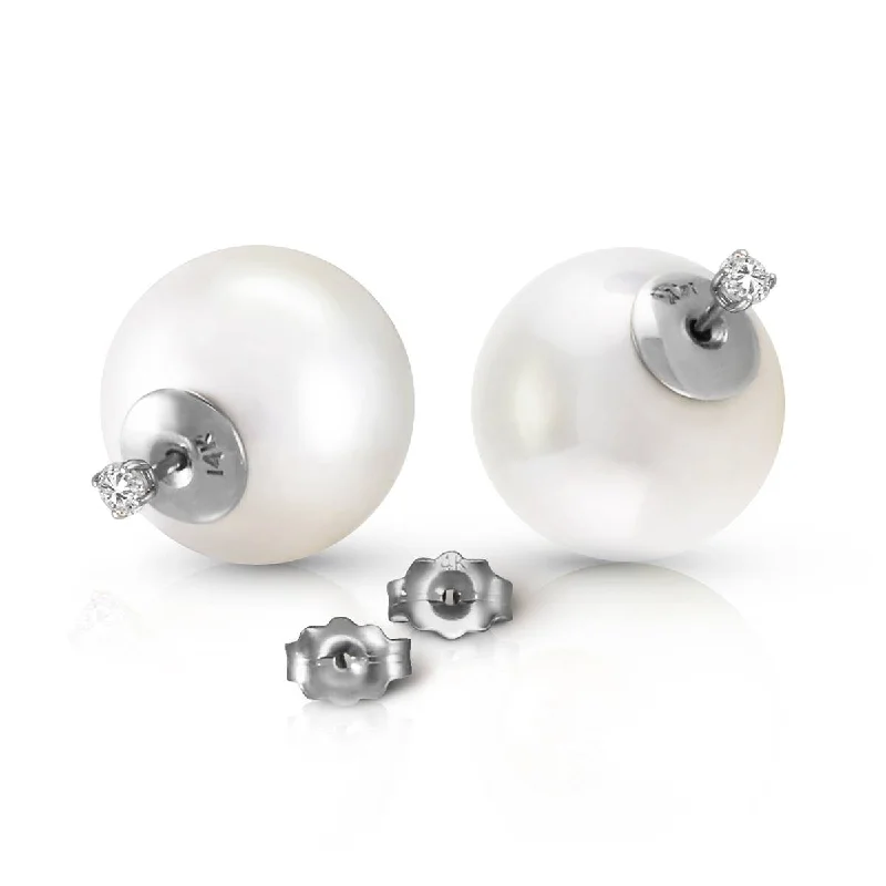 14K Solid White Gold Stud 0.20 Carat Natural Diamonds Earrings w/ White Shell Pearls