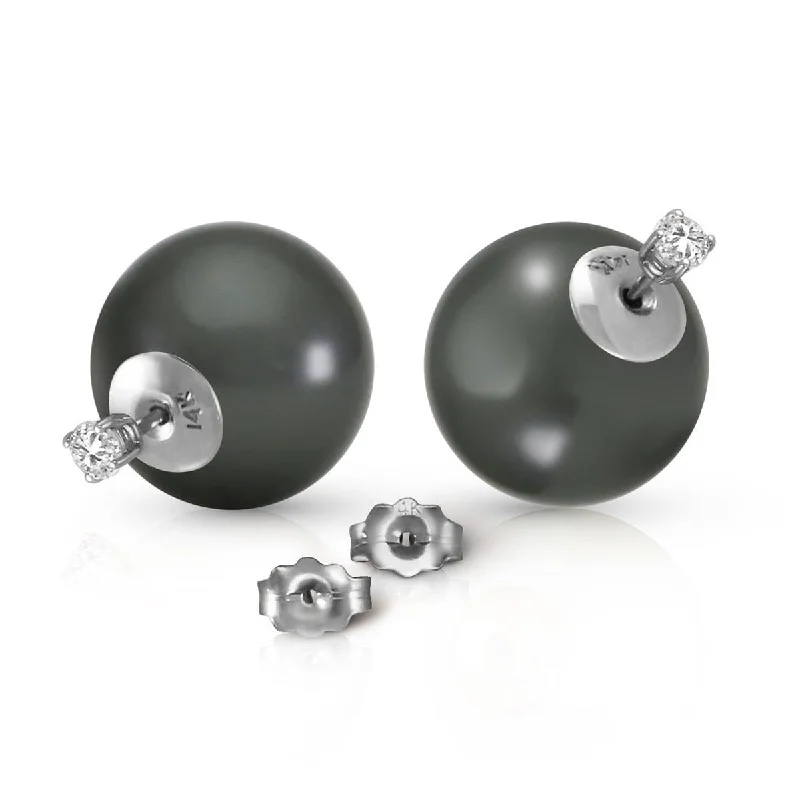 14K Solid White Gold Stud 0.40 Carat Natural Diamonds Earrings w/ Black Shell Pearls