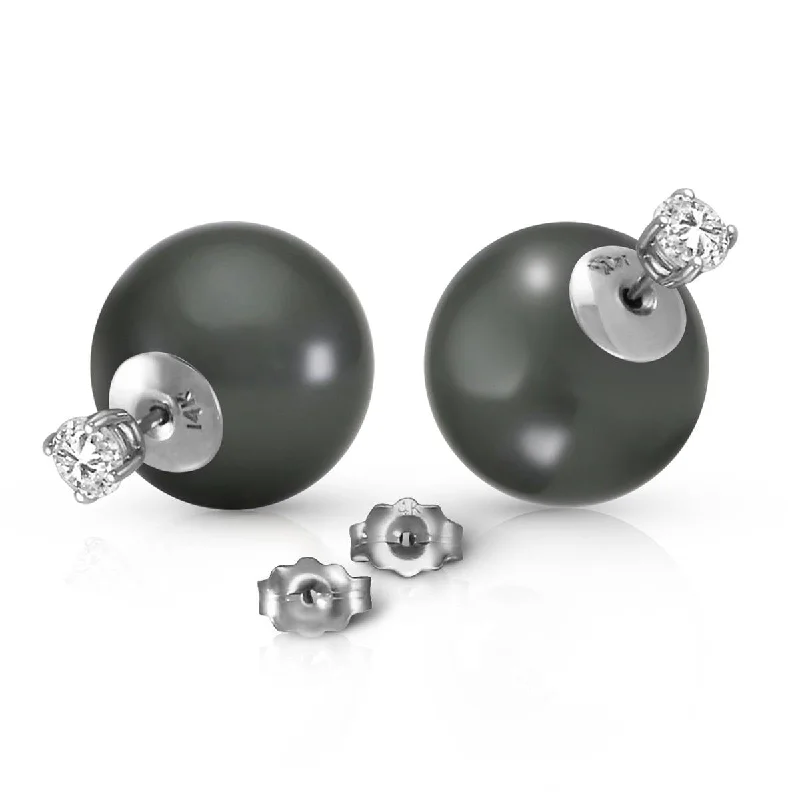 14K Solid White Gold Stud 0.80 Carat Natural Diamonds Earrings w/ Black Shell Pearls