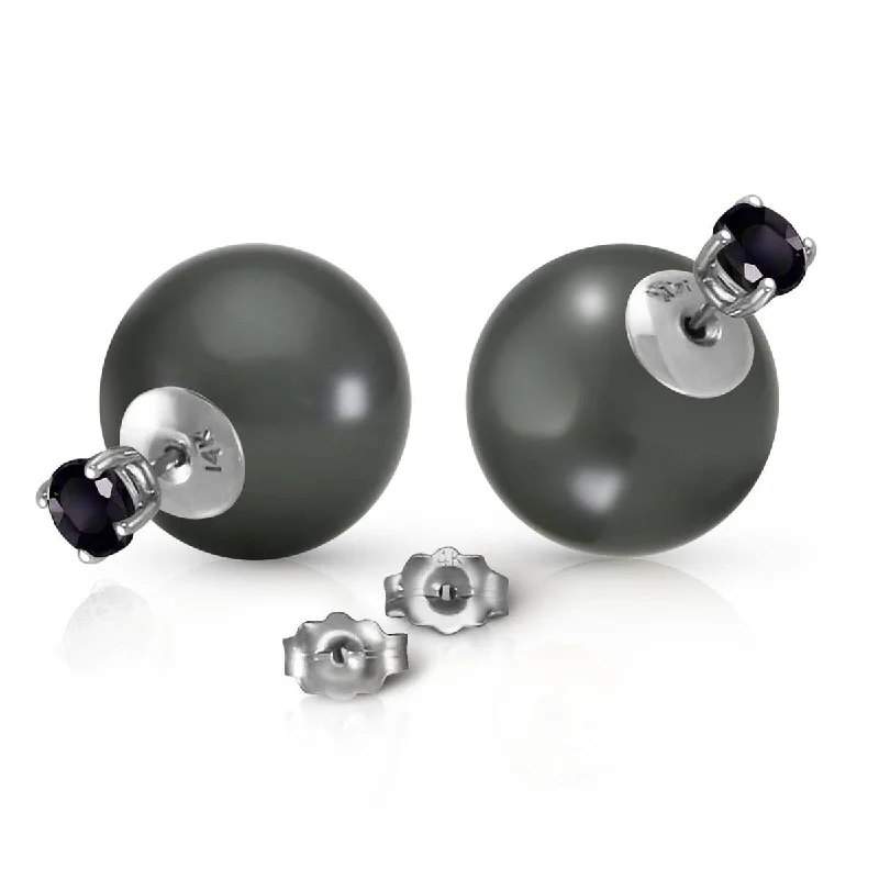 14K Solid White Gold Stud 1.0 Carat Natural Black Diamonds & Black Shell Pearl Earrings