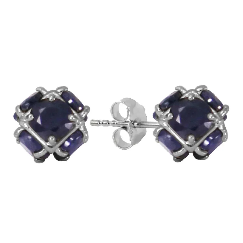 14K Solid White Gold Stud Earrings w/ Natural Sapphires