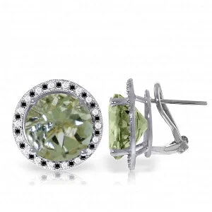 14K Solid White Gold Stud French Clips Earrings Black / White Diamond & Green Amethyst