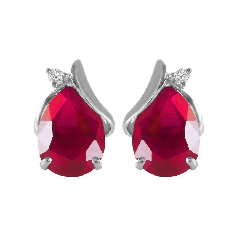 14K Solid White Gold Studs Earrings Natural Diamond & Ruby Gemstone