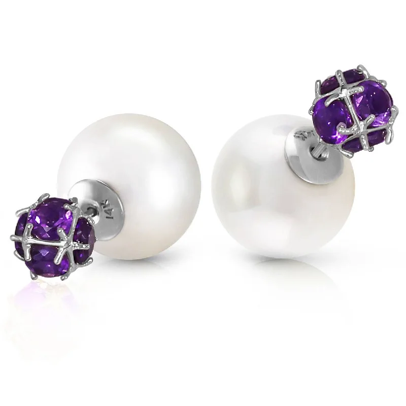 14K Solid White Gold Tribal Double Shell Pearls And Amethysts Stud Earrings