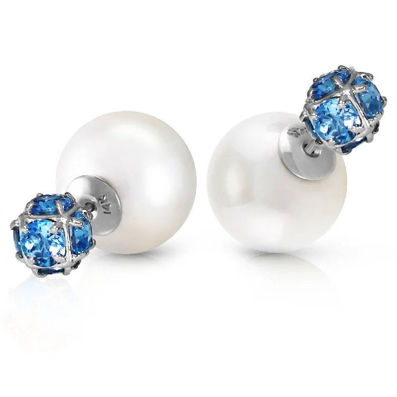 14K Solid White Gold Tribal Double Shell Pearls And Blue Topaz Stud Earrings