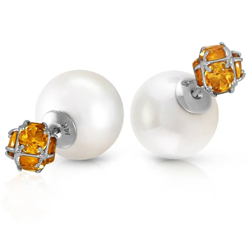 14K Solid White Gold Tribal Double Shell Pearls And Citrines Stud Earrings