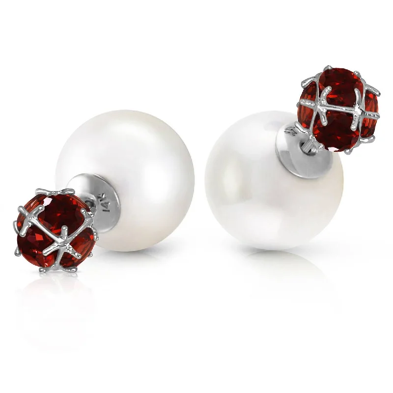 14K Solid White Gold Tribal Double Shell Pearls And Garnets Stud Earrings