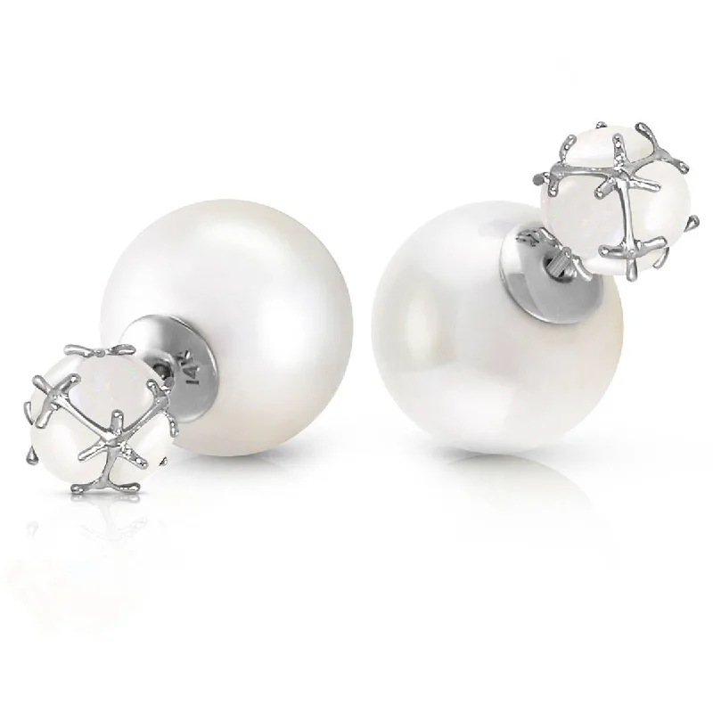 14K Solid White Gold Tribal Double Shell Pearls And Opals Stud Earrings