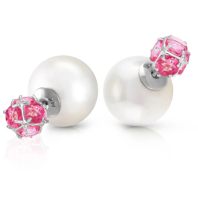 14K Solid White Gold Tribal Double Shell Pearls And Pink Topaz Stud Earrings