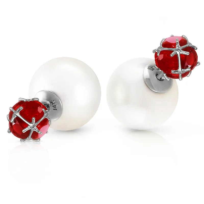 14K Solid White Gold Tribal Double Shell Pearls And Rubies Stud Earrings