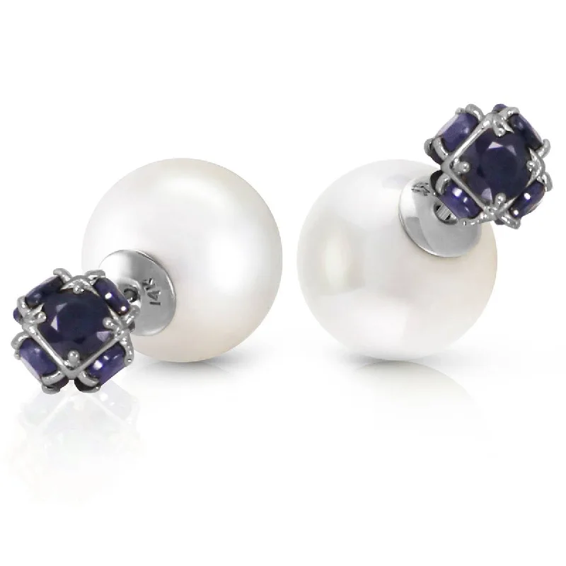 14K Solid White Gold Tribal Double Shell Pearls And Sapphires Stud Earrings